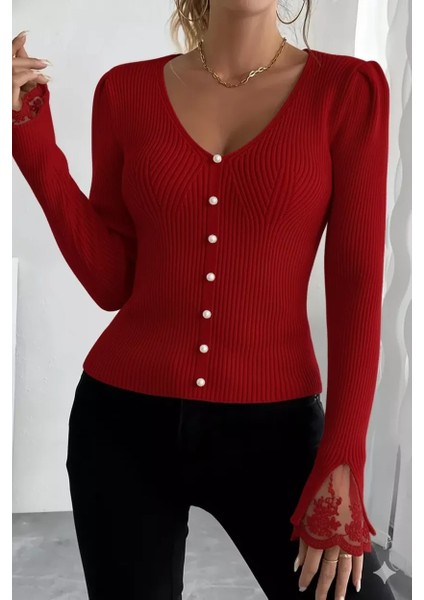 Kol Güpür Detaylı V Yaka Triko Bluz P-00018358