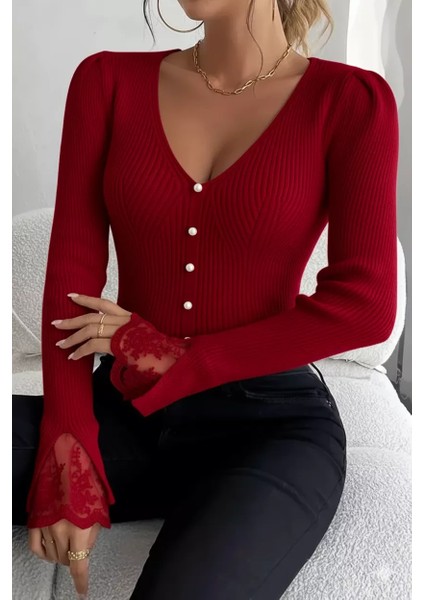 Kol Güpür Detaylı V Yaka Triko Bluz P-00018358 fiyatları