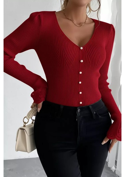 Kol Güpür Detaylı V Yaka Triko Bluz P-00018358 modelleri