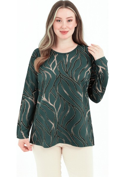 Kadın Orta Yaş ve Üzeri Baskı Desenli Simli Likralı Yırtmaçlı Siyah Anne Penye Bluz