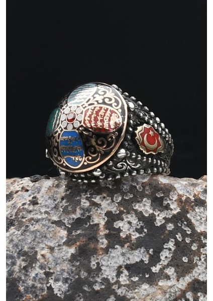 Özel Tasarım Nas ve Felak ve Ihlas Sureleri Mineli Ay Yıldızlı - Ay Yıldız Figürlü 925 Ayar Gümüş Erkek Yüzüğü 902330