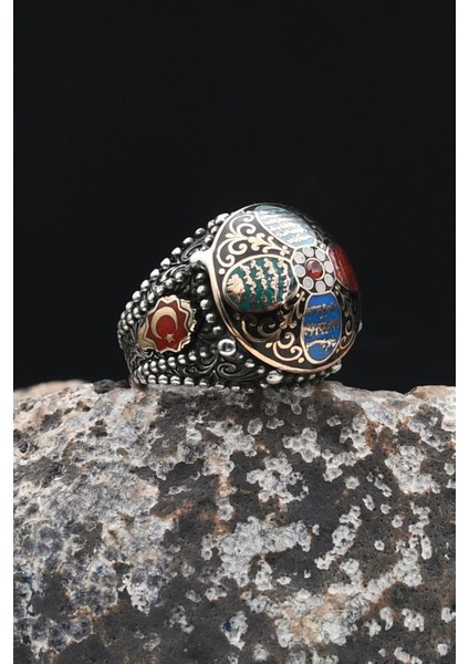 Özel Tasarım Nas ve Felak ve Ihlas Sureleri Mineli Ay Yıldızlı - Ay Yıldız Figürlü 925 Ayar Gümüş Erkek Yüzüğü 902330 modelleri