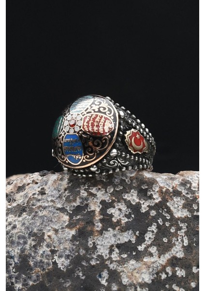 Özel Tasarım Nas ve Felak ve Ihlas Sureleri Mineli Ay Yıldızlı - Ay Yıldız Figürlü 925 Ayar Gümüş Erkek Yüzüğü 902330 fırsatları