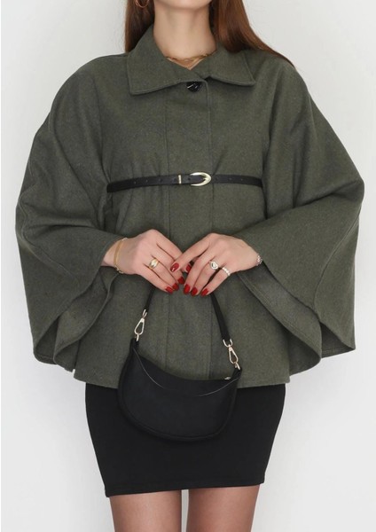 Is Berceste Kadın Düğme Detaylı Kemerli Kaşe Panço Kaban