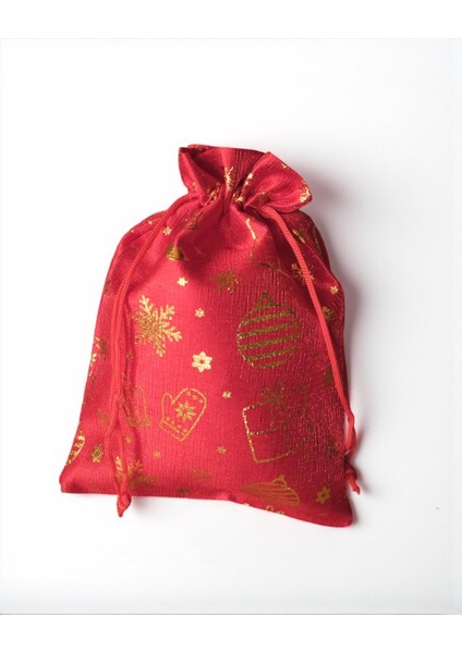 Yılbaşı Altın Varak Baskılı Kumaş Hediye Kesesi, Küçük Boy Hediye Torbası, Kırmızı, 12 ADET-13X18 cm