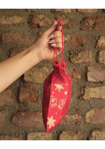 Yılbaşı Altın Varak Baskılı Kumaş Hediye Kesesi, Küçük Boy Hediye Torbası, Kırmızı, 12 ADET-13X18 cm modelleri