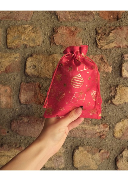 Yılbaşı Altın Varak Baskılı Kumaş Hediye Kesesi, Küçük Boy Hediye Torbası, Kırmızı, 12 ADET-13X18 cm indirimleri