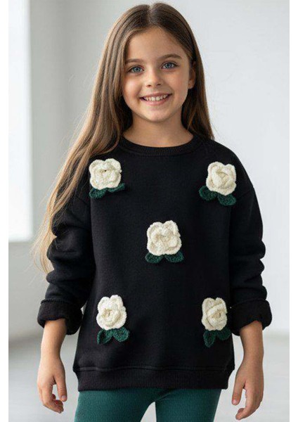 Kız Çocuk Üzeri Gül Figürlü 3 Iplik Siyah Kazak Bol Kesim Skuba Kumaş Alt Üst Takım fiyatları