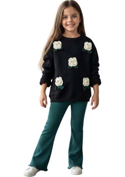Kız Çocuk Üzeri Gül Figürlü 3 Iplik Siyah Kazak Bol Kesim Skuba Kumaş Alt Üst Takım indirimleri
