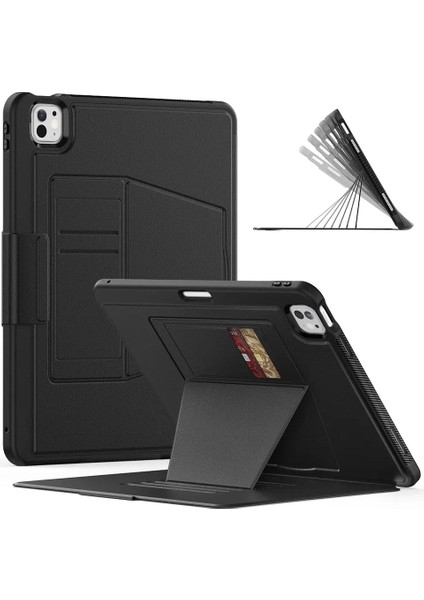 Apple iPad Pro 11 M5 (2025) Kartlıklı Multifonksiyonel Manyetik Standlı Kalemlikli Zırhlı Smart Kılıf