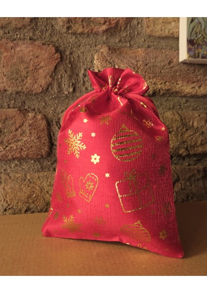 Yılbaşı Altın Varak Baskılı Kumaş Hediye Kesesi, Büyük Boy Hediye Torbası, Kırmızı, 12 ADET-17X23 cm modelleri