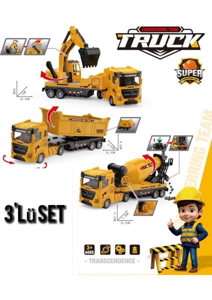 Berattoys 3lü Iş Makinası Inşaat Set 30CM Oyuncak Kamyon Mikser Kepçe Oyuncak Iş Araçları Kırılmaz