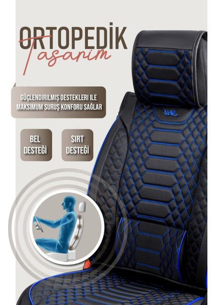 Opel Corsa B Deri Oto Koltuk Kılıfı Ön Arka Takım Siyah Mavi Royal Serisi Scr