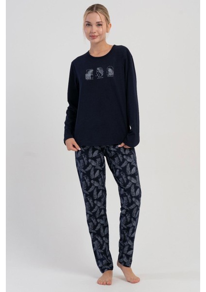 Kadın Lacivert Uzun Kollu Desenli Pijama Takımı C9T6N1305