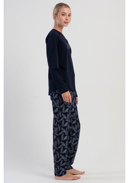 Kadın Lacivert Uzun Kollu Desenli Pijama Takımı C9T6N1305 fiyatları