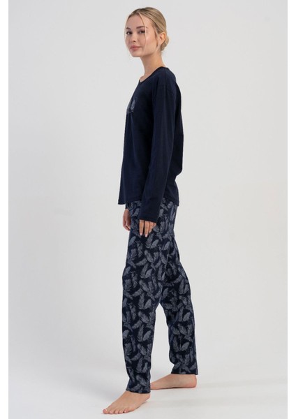 Kadın Lacivert Uzun Kollu Desenli Pijama Takımı C9T6N1305 modelleri