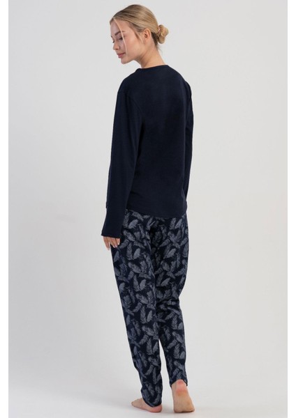 Kadın Lacivert Uzun Kollu Desenli Pijama Takımı C9T6N1305 fırsatları