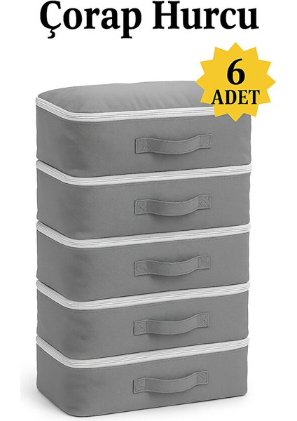 (6 Adet) Çorap Hurcu Gri Kumaş Organizer Fermuarlı Saklama Hurcu Çekmece Içi Düzenleyici 29X24X17 cm