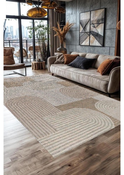 Dijital Baskılı Yıkanabilir Krem Iskandinav Bohem Desen Kaymaz Taban Halı