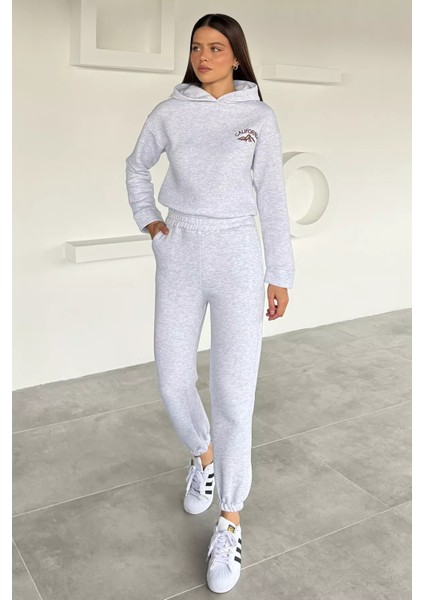 Kadın Şardonlu Nakışlı Kapüşonlu Bel Lastikli Eşofman Takımı P-00018619