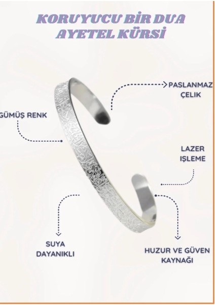 Ayetel Kürsi Bileklik Koruyucu Dua Yazılı Paslanmaz Çelik Bileklik Ayarlanabilir Unisex Model