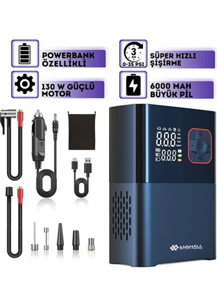 6000MAH LED Işıklı Çantalı Şarjlı ve Kablolu Araç Motor Bisiklet Top Lastik Şişirme Hava Kompresörü