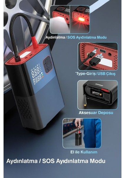 6000MAH LED Işıklı Çantalı Şarjlı ve Kablolu Araç Motor Bisiklet Top Lastik Şişirme Hava Kompresörü fırsatları