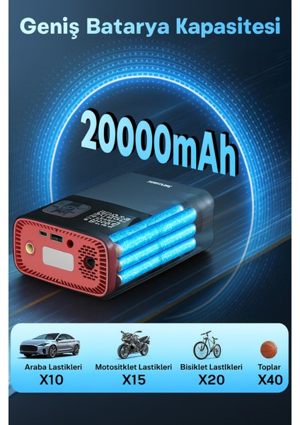 6000MAH LED Işıklı Çantalı Şarjlı ve Kablolu Araç Motor Bisiklet Top Lastik Şişirme Hava Kompresörü