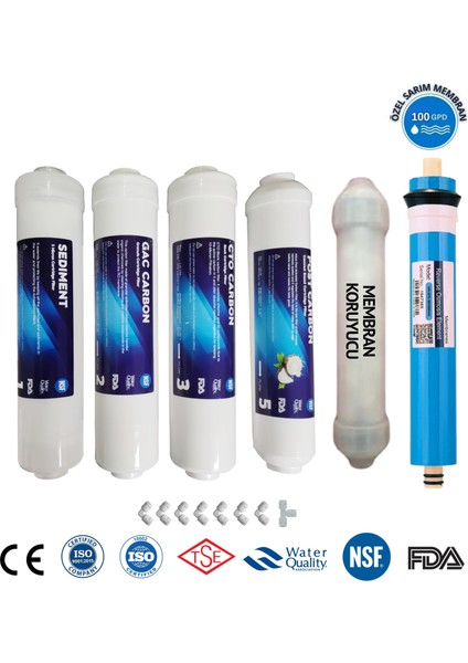 Yüksek Kireç Önleyici 100 Gpd Süper Membranlı Sliphoslu Kapalıkasafiltre Seti 6'lı Set