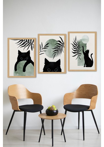 🐈‍⬛ Siyah Kedi Temalı Yeşil Geometrik 3’lü Çerçevesiz Tablo Seti – Uv Baskılı 🌿 CRVS1036 13 x 17 modelleri