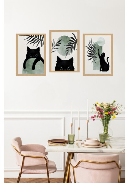 🐈‍⬛ Siyah Kedi Temalı Yeşil Geometrik 3’lü Çerçevesiz Tablo Seti – Uv Baskılı 🌿 CRVS1036 13 x 17 fırsatları