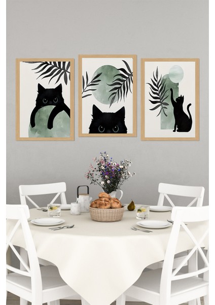 🐈‍⬛ Siyah Kedi Temalı Yeşil Geometrik 3’lü Çerçevesiz Tablo Seti – Uv Baskılı 🌿 CRVS1036 13 x 17 indirimleri