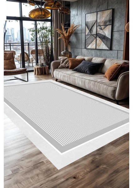 Dijital Baskılı Yıkanabilir Gri Çizgili Modern Kaymaz Taban Halı