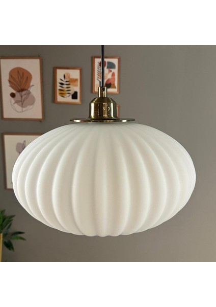 Elegant Cam Beyaz Avize Ufo Yarım Lale Başlık Sarkıt Lamba Restoran Salon Aydınlatma