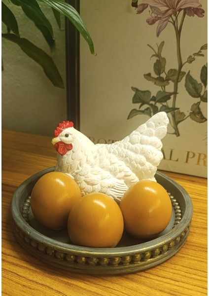 Dekoratif Tavuk ve Yumurtalar Tepsili Biblo Set - Bereket ve Bolluk Temalı Beyaz Tavuk Figürü
