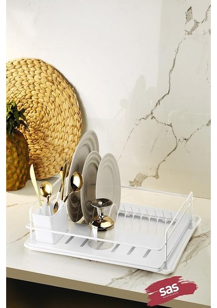 Haus Ömür Boyu Paslanmaz Bulaşıklık Bulaşık Sepeti Tek Katlı Tabaklık Termo Plastik Kaplama Beyaz Tbk-01