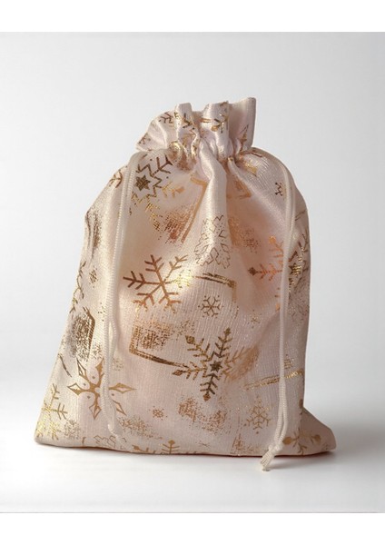 Yılbaşı Altın Varak Baskılı Kumaş Hediye Kesesi, Büyük Boy Hediye Torbası, Beyaz, 12 ADET-17X23 cm