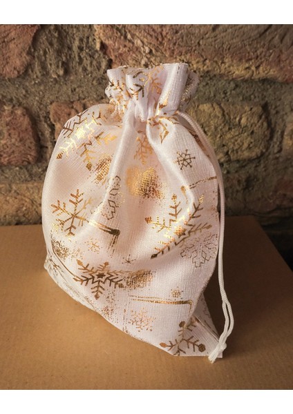 Yılbaşı Altın Varak Baskılı Kumaş Hediye Kesesi, Büyük Boy Hediye Torbası, Beyaz, 12 ADET-17X23 cm fırsatları