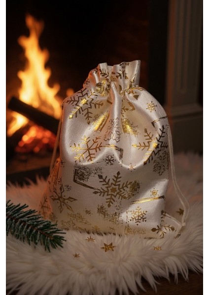 Yılbaşı Altın Varak Baskılı Kumaş Hediye Kesesi, Büyük Boy Hediye Torbası, Beyaz, 12 ADET-17X23 cm indirimleri