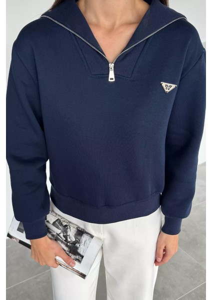 Kadın Yarım Fermuarlı Metal Aksesuarlı Şardonlu Sweatshirt P-00018601