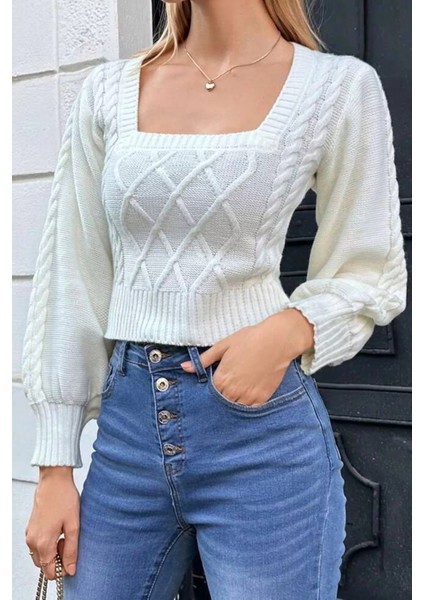 Kare Yaka Örgü Desenli Kadın Triko Kazak P-00018861