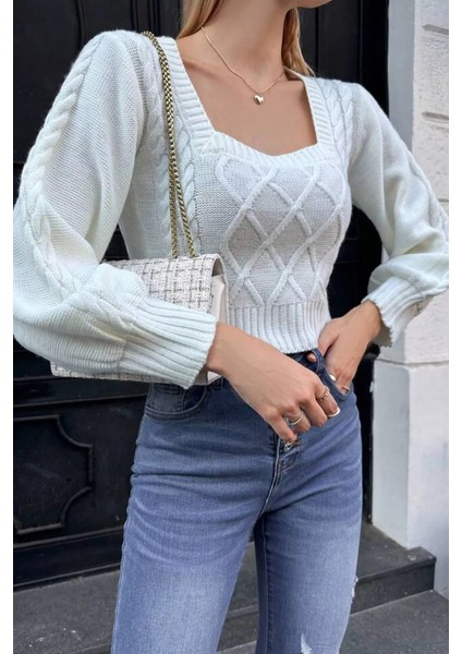 Kare Yaka Örgü Desenli Kadın Triko Kazak P-00018861 fiyatları