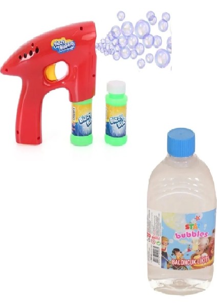 Işıklı Pilli Köpük Tabancası - Kırmızı + Köpük Baloncuk Likiti 500 ml