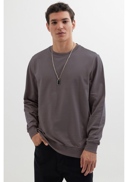 Erkek Relax Fit Rahat Kesim %100 Pamuk 2 Iplik Bisiklet Yaka Koyu Gri Sweatshirt