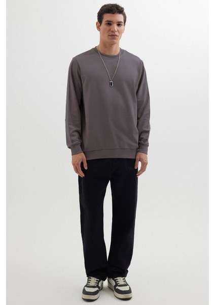 Erkek Relax Fit Rahat Kesim %100 Pamuk 2 Iplik Bisiklet Yaka Koyu Gri Sweatshirt fırsatları