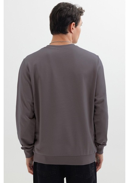 Erkek Relax Fit Rahat Kesim %100 Pamuk 2 Iplik Bisiklet Yaka Koyu Gri Sweatshirt