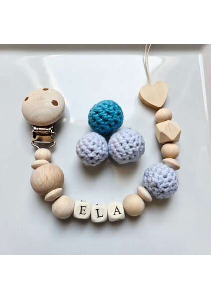 Kalpli Mavi Isimli Bebek Emzik Zinciri Askısı