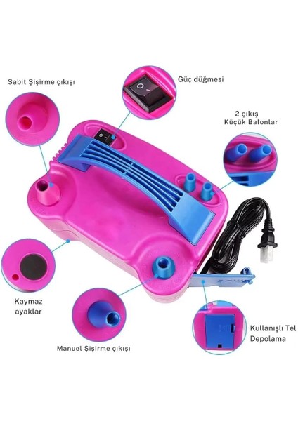 Çift Çıkışlı Balon Şişirme Makinası, Elektrikli Balon Pompası 73005 Pembe Mavi modelleri