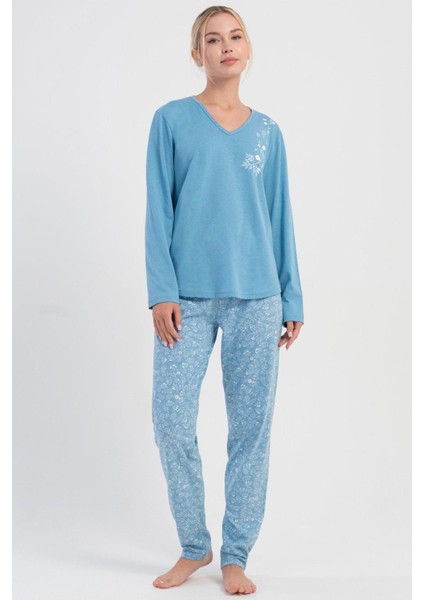 Kadın Büyük Beden Mavi Uzun Kollu V Yaka Pijama Takımı C8T6N1305
