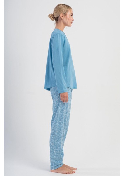Kadın Büyük Beden Mavi Uzun Kollu V Yaka Pijama Takımı C8T6N1305 fiyatları
